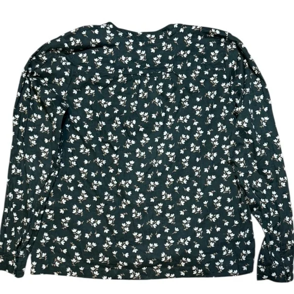 Orvis Women’s Large Dark Green Cotton Button-Down Blouse White Floral Print - Picture 2 of 8